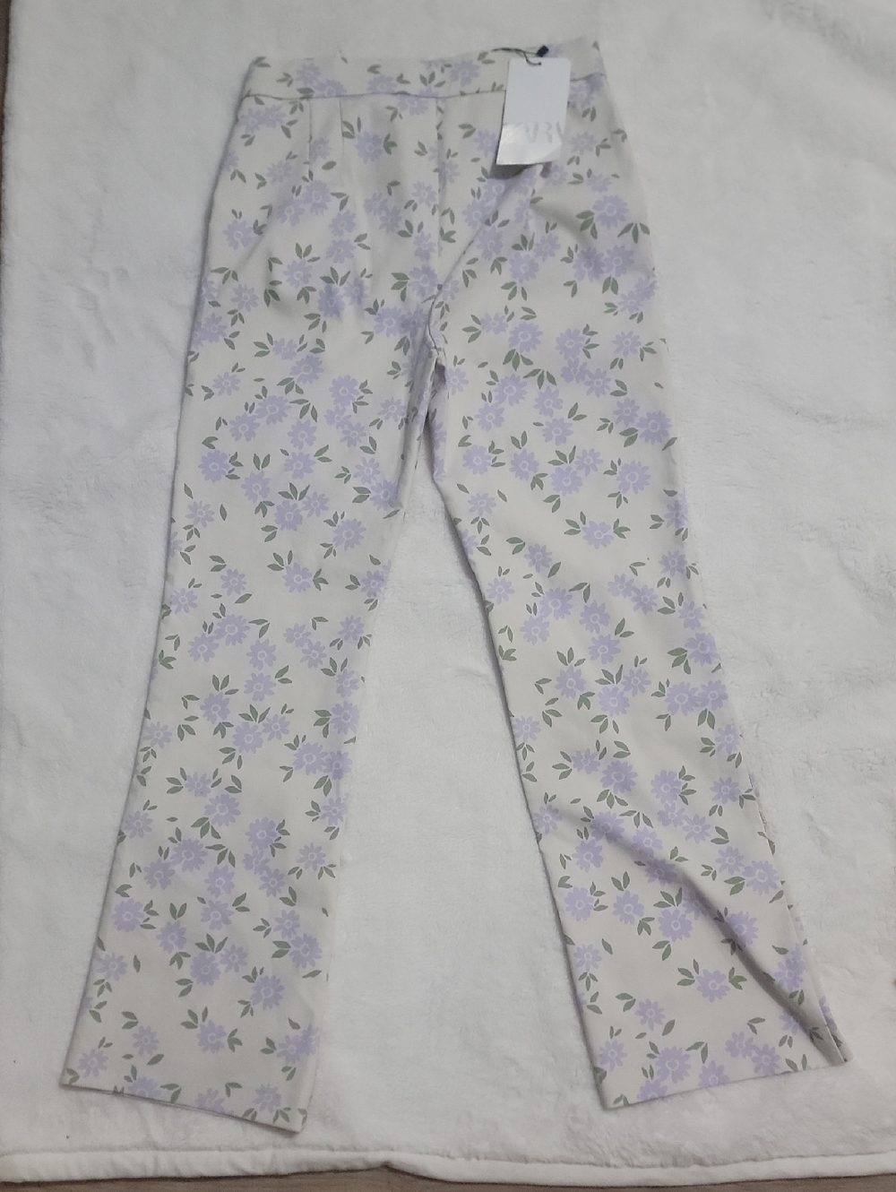 Cream Floral Straight-Leg Pants with Lavender Flowers Zara